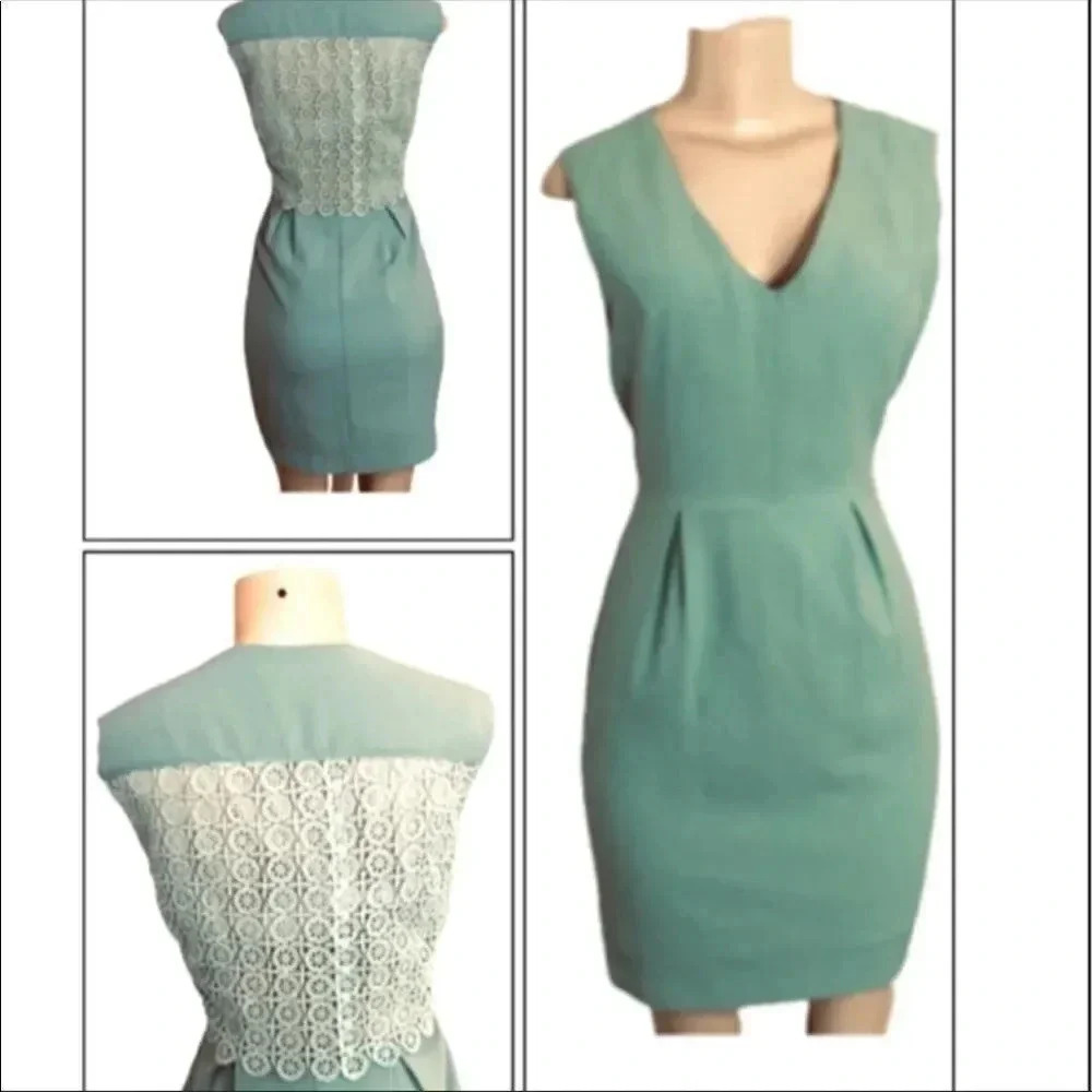 ESLEY Cottagecore mint green lace sheath mini dress